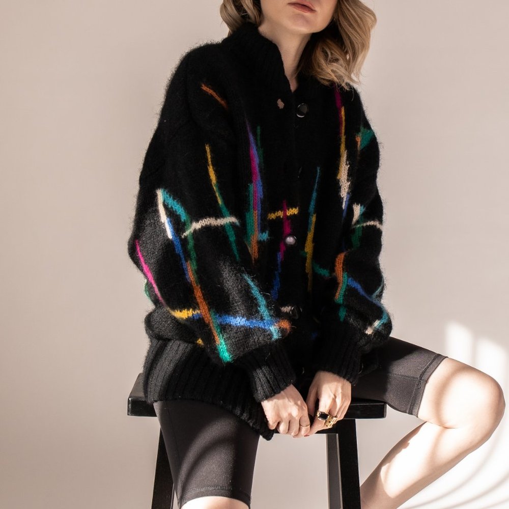 Vintage 80s mohair abstract stripe chunky cardigan - Picture 3 of 10